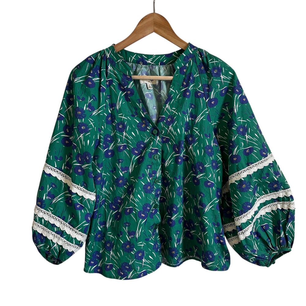Porridge from Anthropologie Green Floral Peasant Blouse with Lace Trim